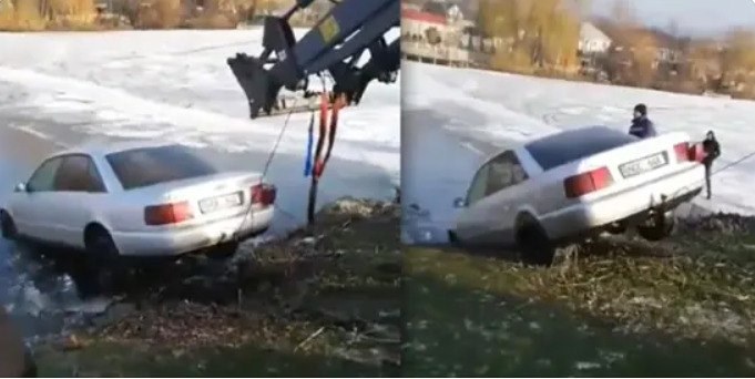 /VIDEO/ Mașina „NOE” scufundată sub gheața unui lac din raionul Fălești, a fost scoasă la mal