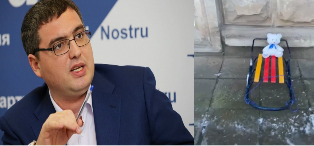 /VIDEO/ Drumurile din Bălți fără material antiderapant. Renato Usatîi a primit în dar o sanie și o jucărie de pluș