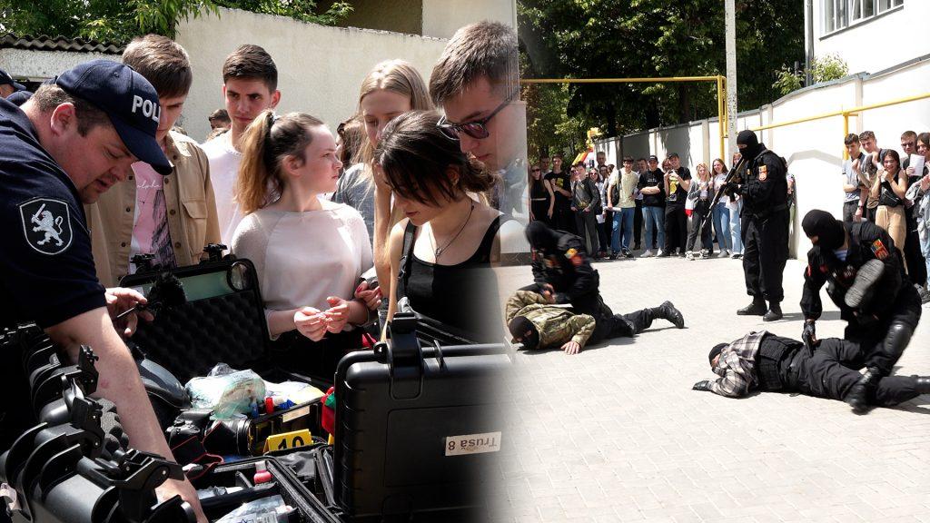 /VIDEO/ „Vreau să devin polițist”. Absolvenții din Bălți l-au cunoscut pe Tyson și au văzut cum acționează trupele speciale Scorpion