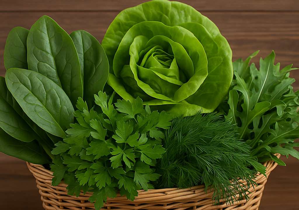 Verdețuri proaspete într-un coș, simbolizând sănătatea și prospețimea alimentației naturale.