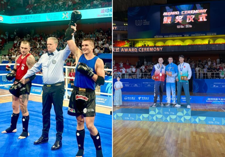 Artiom Livadari, campion la Muaythai, ridicând steagul Moldovei după victoria de la Jocurile Mondiale 2025