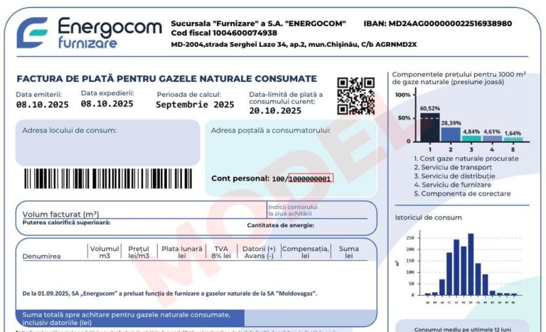 Factura pentru gaze naturale emisă de Energocom, care include plățile achitate anterior către Moldovagaz.