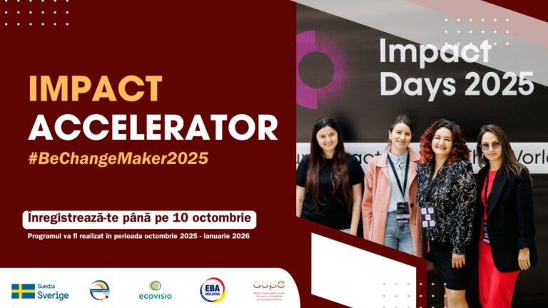 Participanți la BeChangeMaker: Impact Accelerator 2025 discutând idei de afaceri sociale în Republica Moldova.