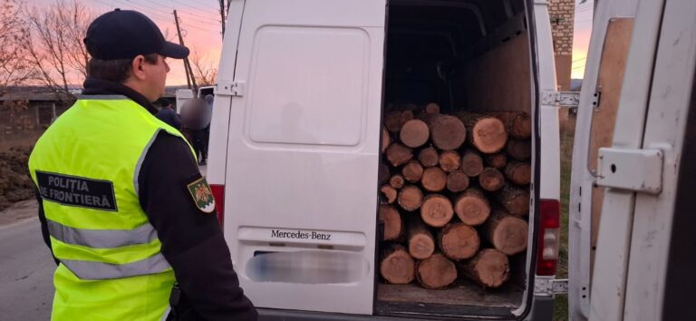Polițiștii de frontieră din Ungheni opresc un microbuz Mercedes Sprinter care transporta lemne fără acte de proveniență