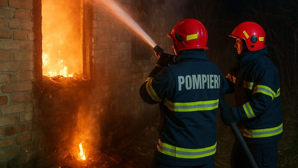 Pompieri intervenind la un incendiu izbucnit din cauza imprudenței în timpul fumatului