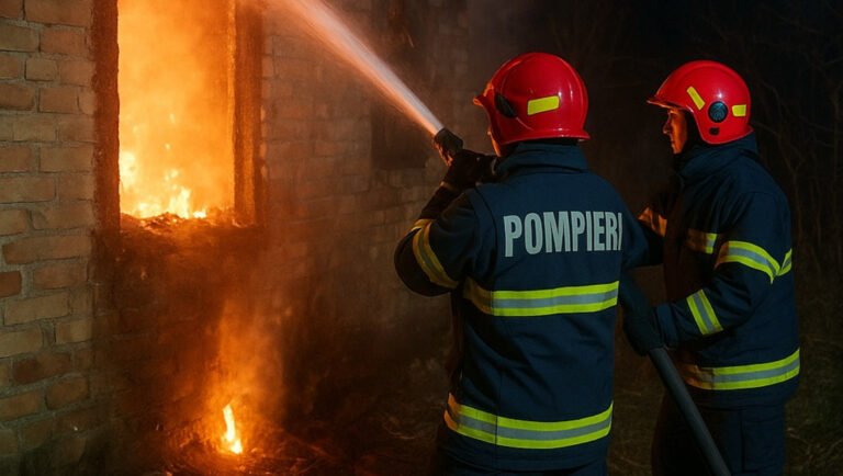 Pompieri intervenind la un incendiu izbucnit din cauza imprudenței în timpul fumatului