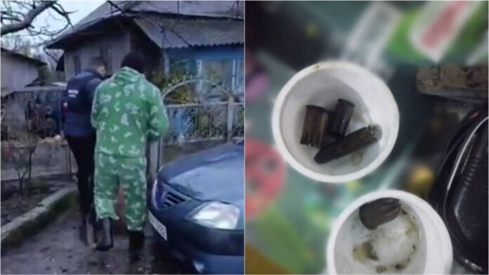 Polițiști în timpul unor percheziții la Egorovca, unde au fost depistate droguri și cartușe
