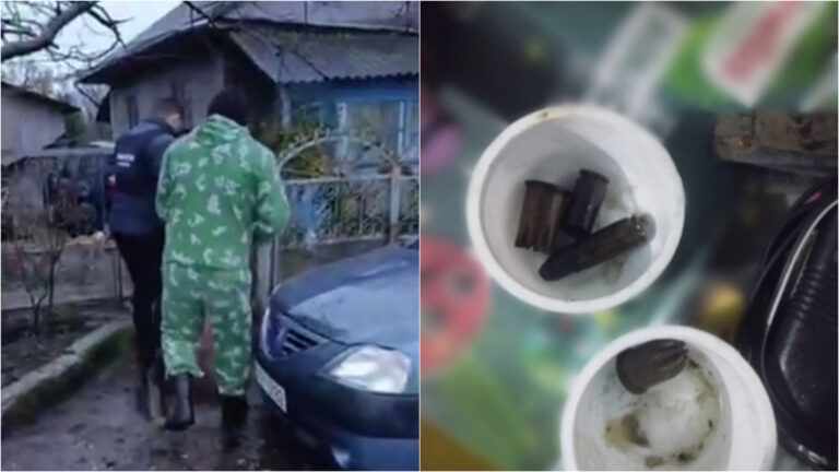 Polițiști în timpul unor percheziții la Egorovca, unde au fost depistate droguri și cartușe